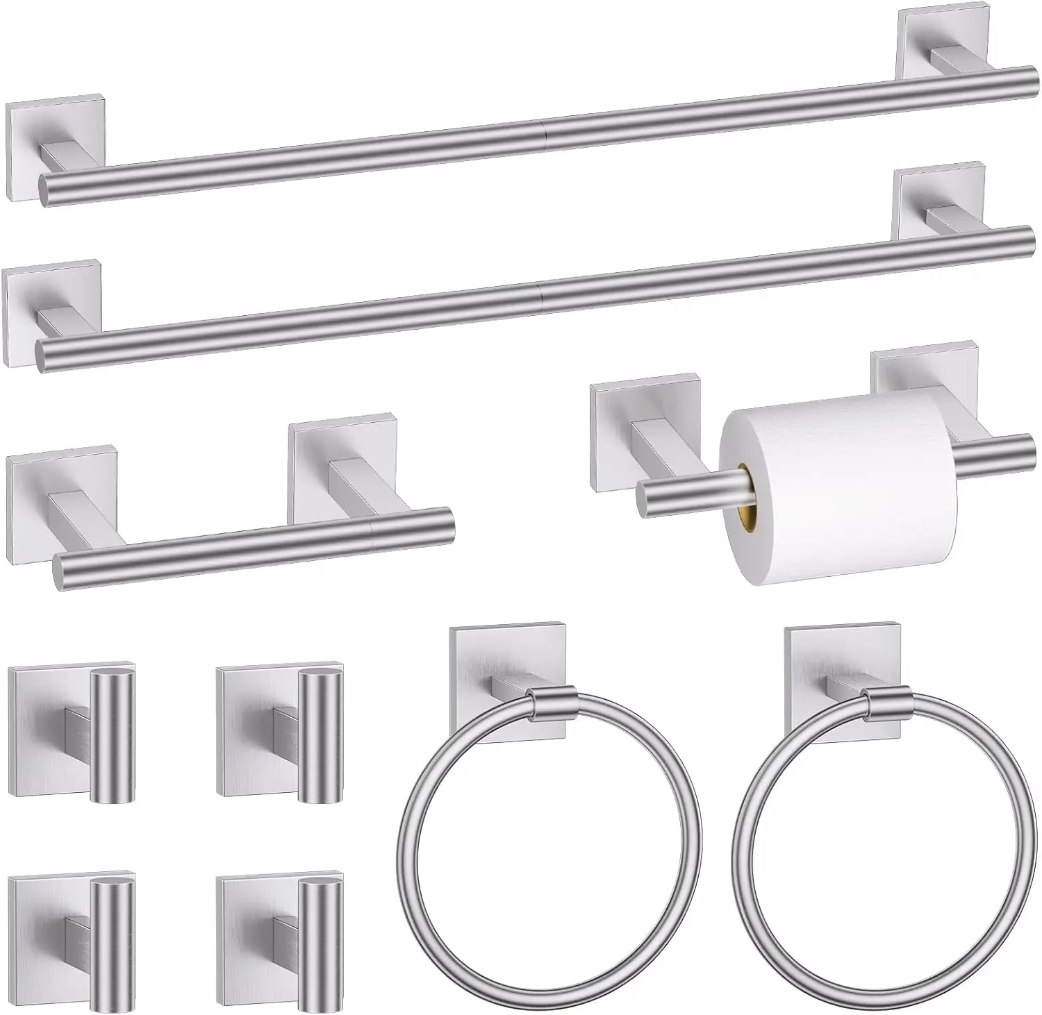

10-Piece Brushed Nickel Bathroom Hardware Set with Towel Bars, Toilet Paper Holder, and Hooks