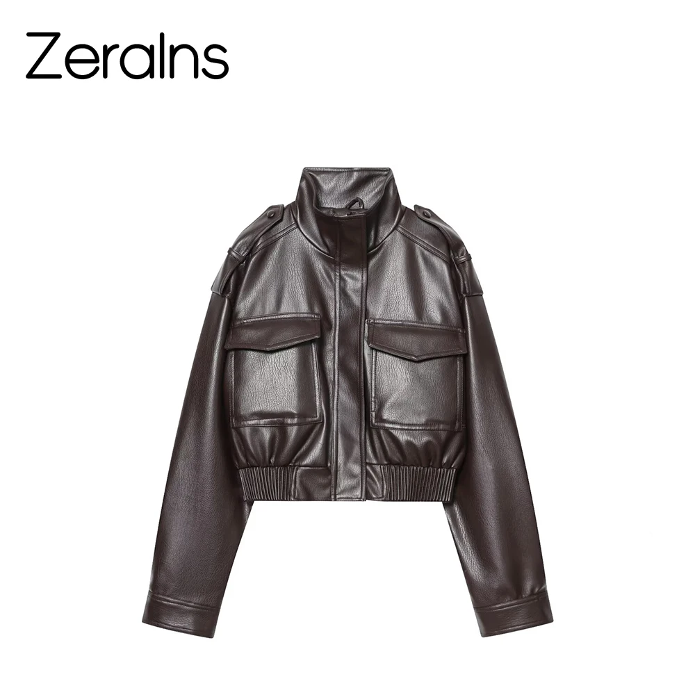 แจ็คเก็ตหนังสไตล์อเมริกันแบบสปายเกิร์ล ทรงเข้ารูปเล็กกระทัดรัด แขนสั้น กระเป๋าใหญ่ คอตั้ง แบบนักบิน