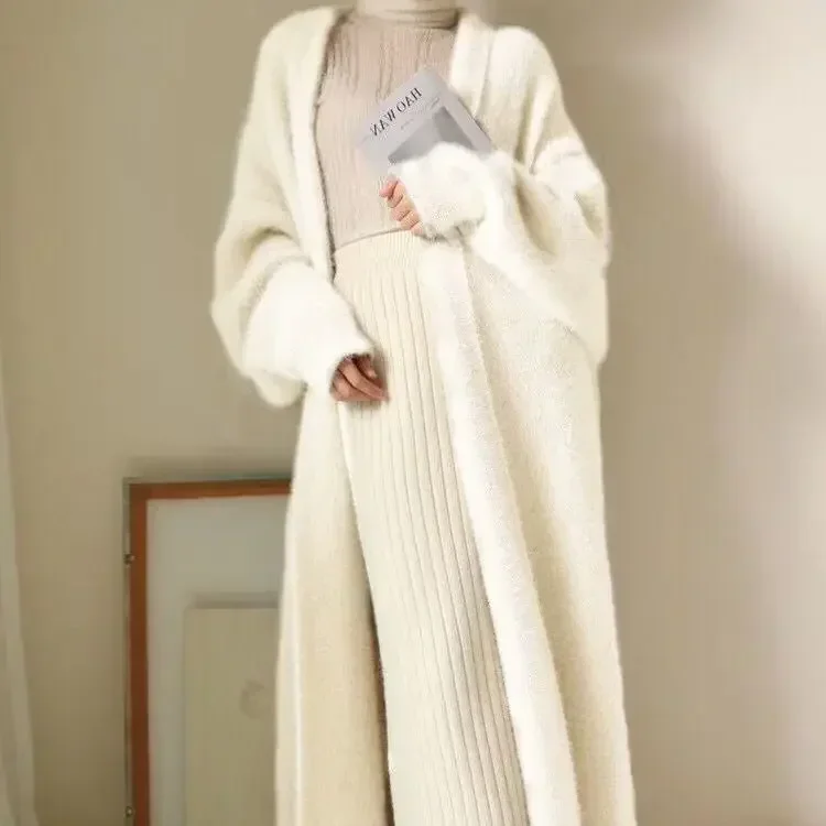 Women\'s Sweater Autumn and Winter Long Mink-like Wool Cardigan Loose Thick Mid-Length Idle Style Knitted Coat