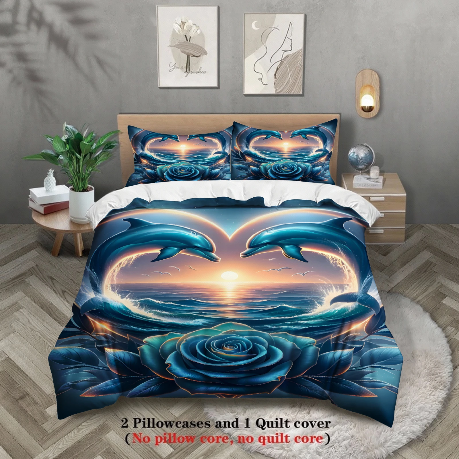 Dolphin Rose Bedding Set Blue Ocean Sunset Heart Pattern Bedding With Duvet Cover and Pillowcases For Bedroom