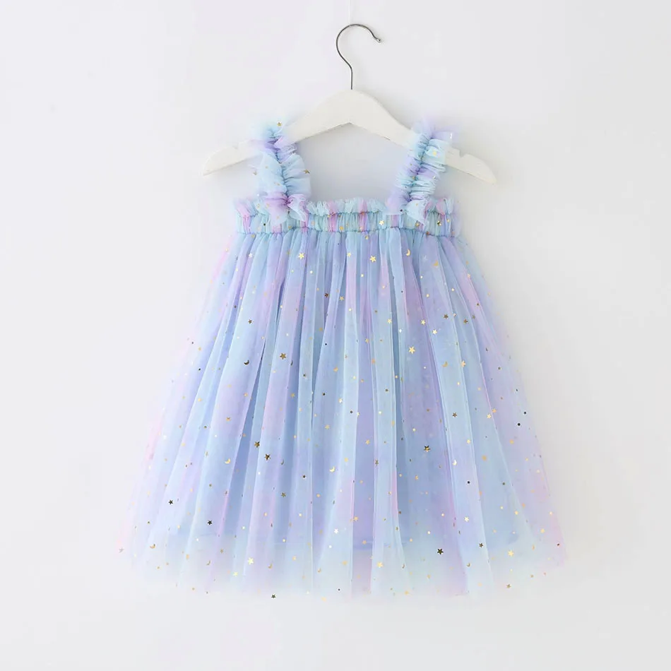 Vestido de verano con estrellas de lentejuelas y arcoíris para niña, falda con tirantes de tul hinchado, vestido sin mangas de princesa para bebé, momento mágico informal, 2024