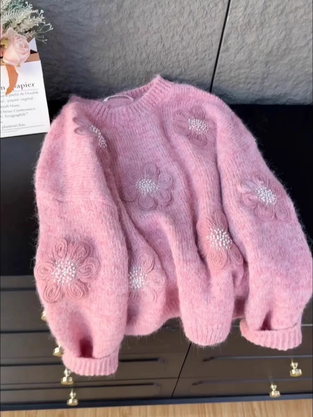 

Heavy Embellied 3D Flower Knitted Sweater Women's Loose Long Sve Winter New Sle Soft Warm Casual round Ne Top