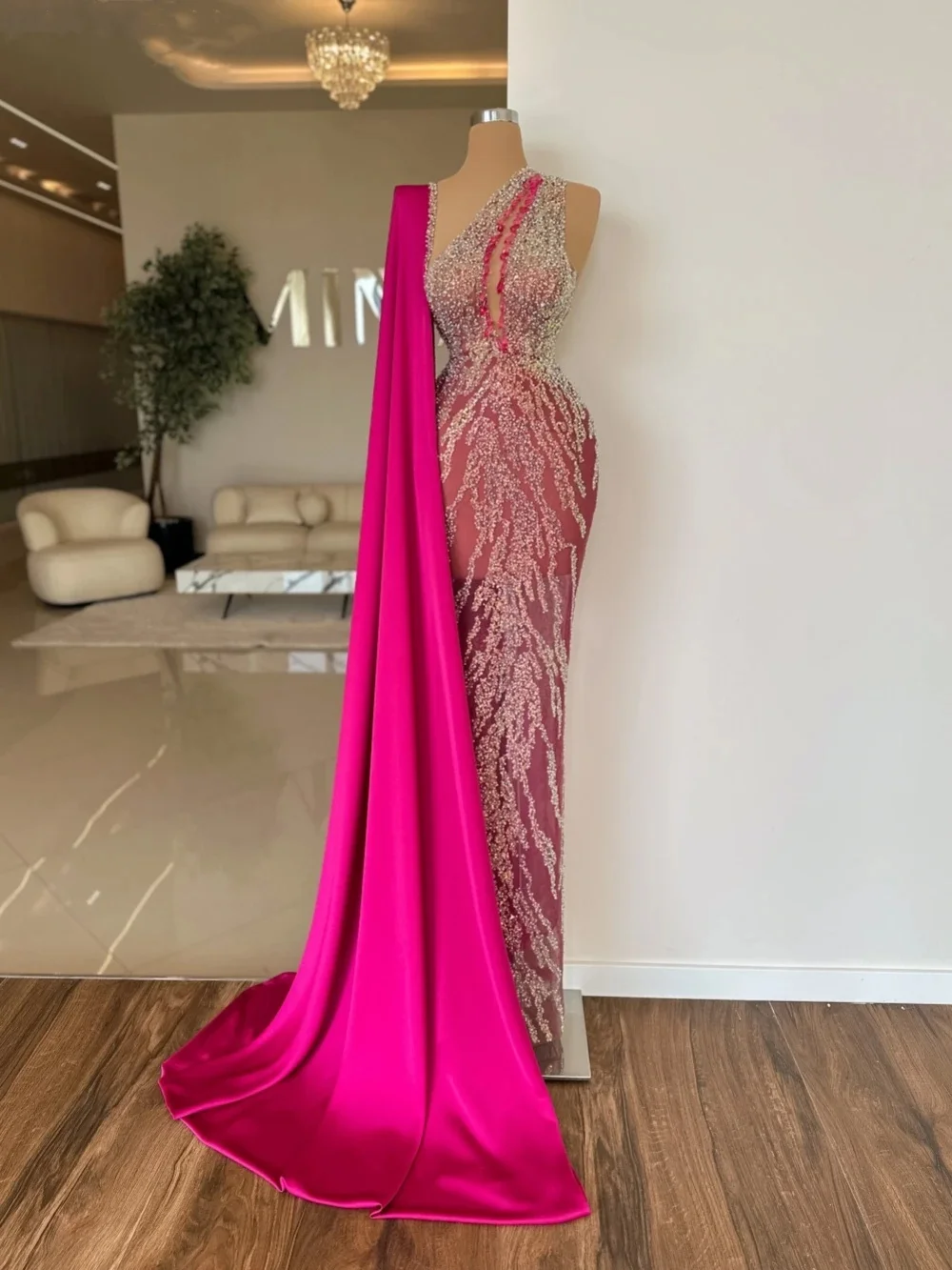 Modern Mermaid Prom Dress Sequins Beading Evening Gowns with Cape Sleeves One Shoulder Illusion Party Dress Custom Made