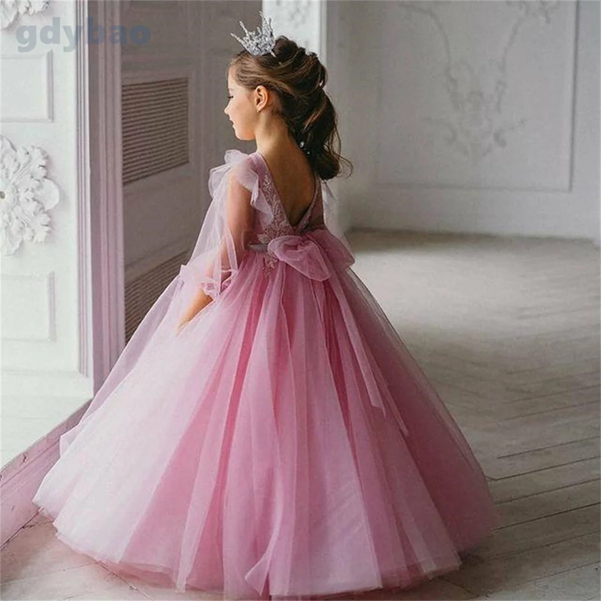 Flower Girl Dresses Puffy Pink Girl Ball Gown Dresses Tulle Flower Baby Baptism First Communion Dress Bow  Girl Wedding