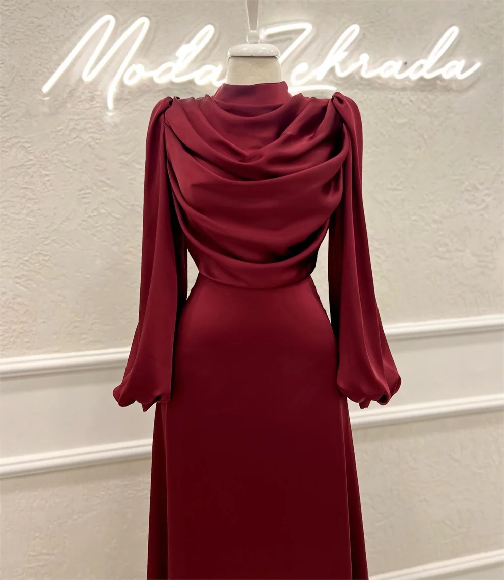 Vestido de noche de satén fruncido para mujer, manga acampanada, cuello alto, fruncido, Simple, Formal, para fiestas, 2023