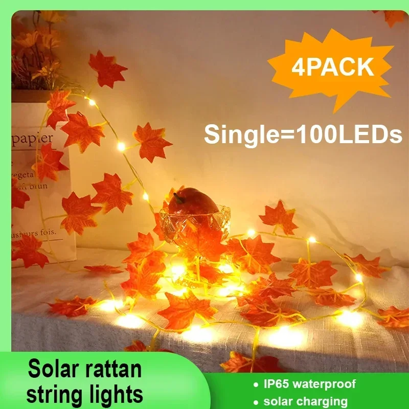 

New Solar Maple String Lights Leaf Garland With Lights 50/100 Bulbs Connectable Lighted For Fall Decors Halloween Thanksgiving