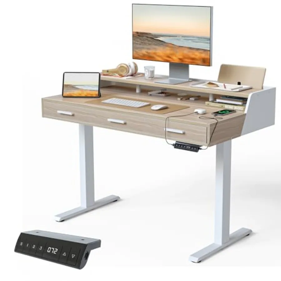 

48x26 Inches Standing Desk with 3 Wooden Drawers and Monitor Shelf, Height Adjustable Computer Desk, Ergonomic Rising Home Offi