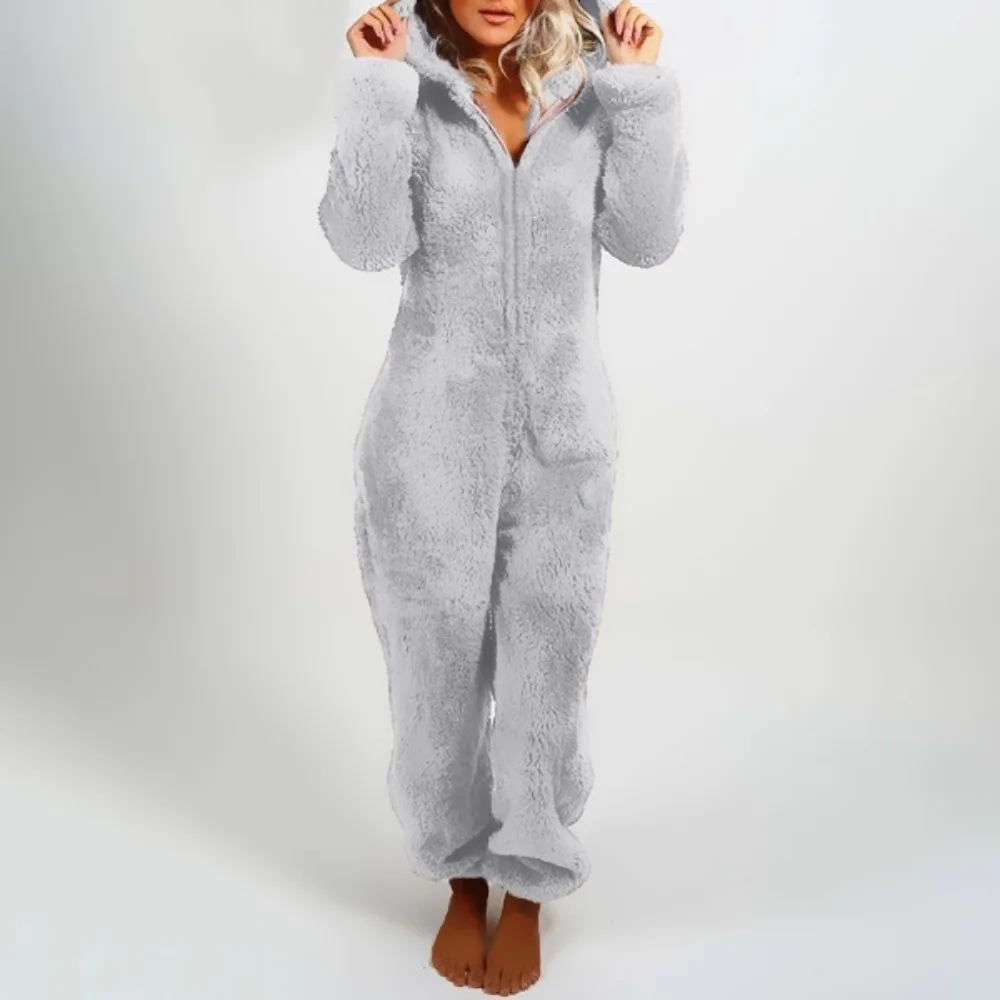 2024 Hot Style European and American Autumn and Winter Velvet Thickened Furry Jumpsuit Hooded Pajamas for Women 22 Colors