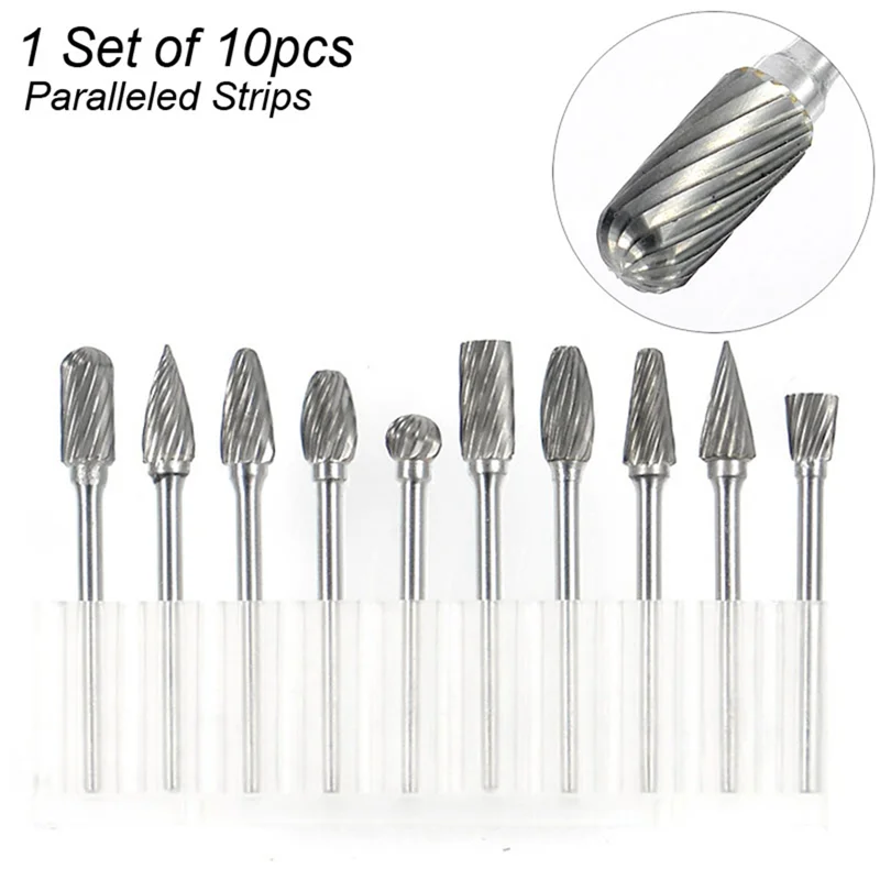 Single Cut Carbide Rotarys Burr Set, 10 Pcs 1/8inch Shanks, 1/4inch Length Tungsten Steel for Woodworking,Drilling