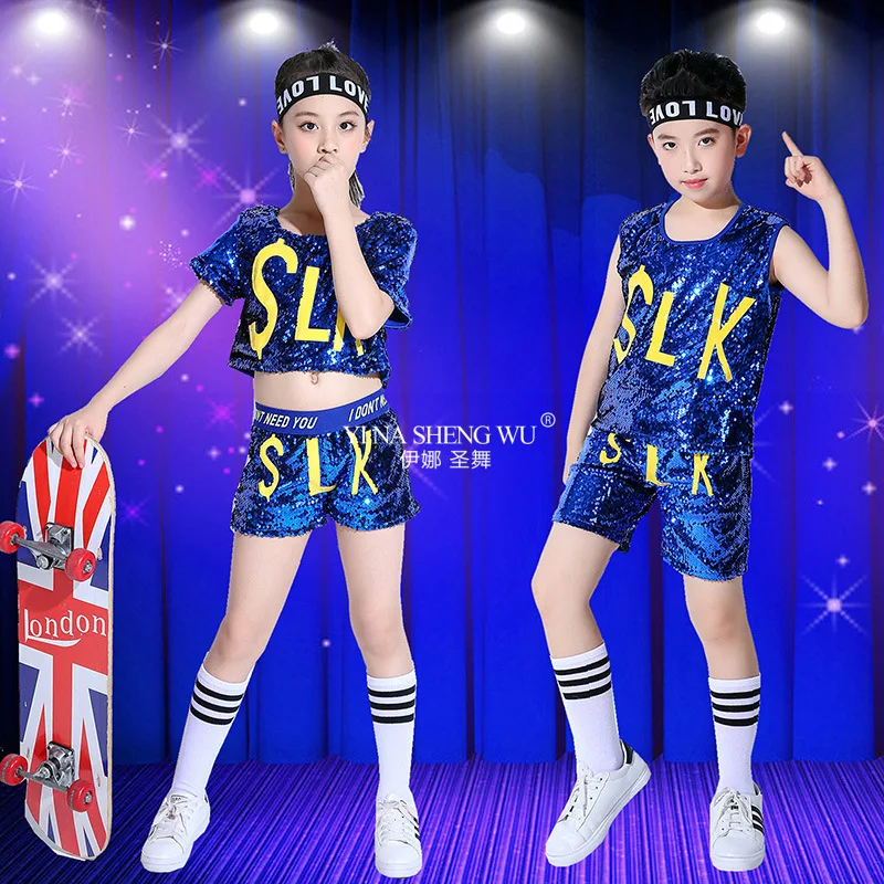 Mode Jazz Kostüm Kinder Bühne Dance Tragen Blau/Rot Pailletten Anzug Jungen und Mädchen Hip Hop Street Dance Performance kleidung
