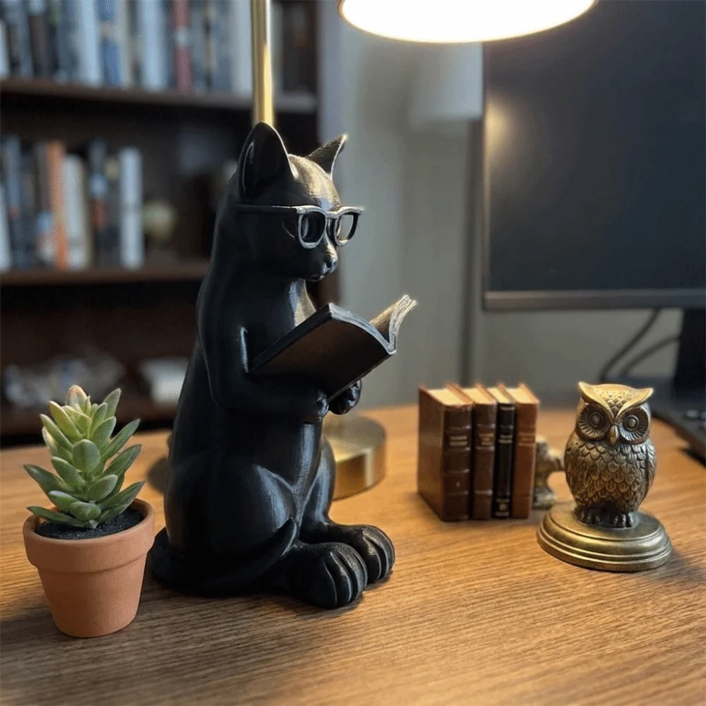 Cute 3D Printed Reading Cat Figurine Plastic Intellectual Cat Sculpture Artistic Glasses Cat Statue Office