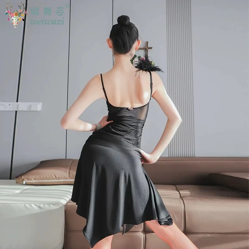 Latin Dance Professional Competition Clothes Mesh Suspender  Dress Womens Sexy Ballroom Skirt Practice Wear Prom Stage Costume view 2