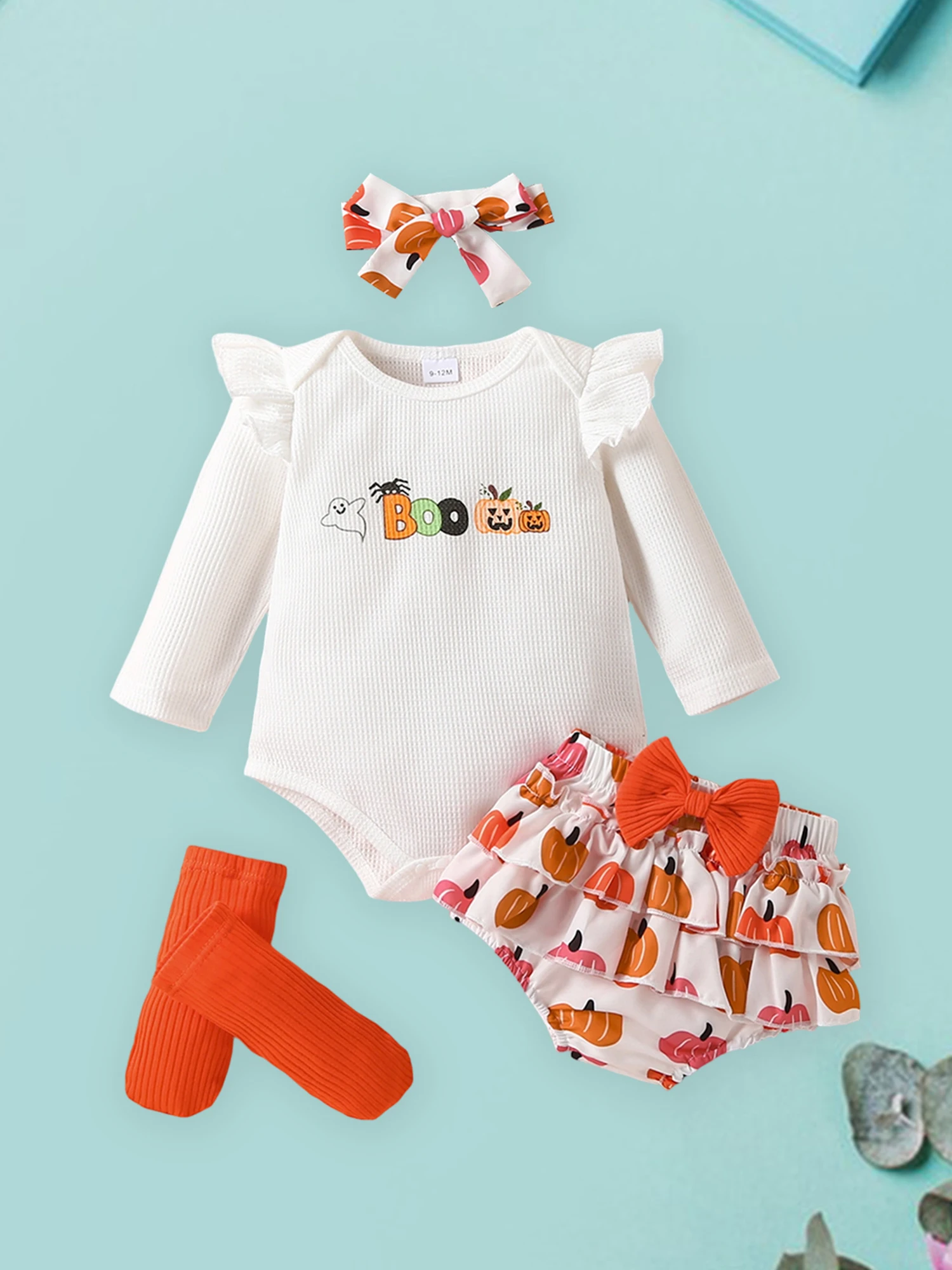 

Halloween Toddler Girl Costume Set with Pumpkin Romper Layered Shorts Headband and Socks - 4 Piece Adorable Outfit