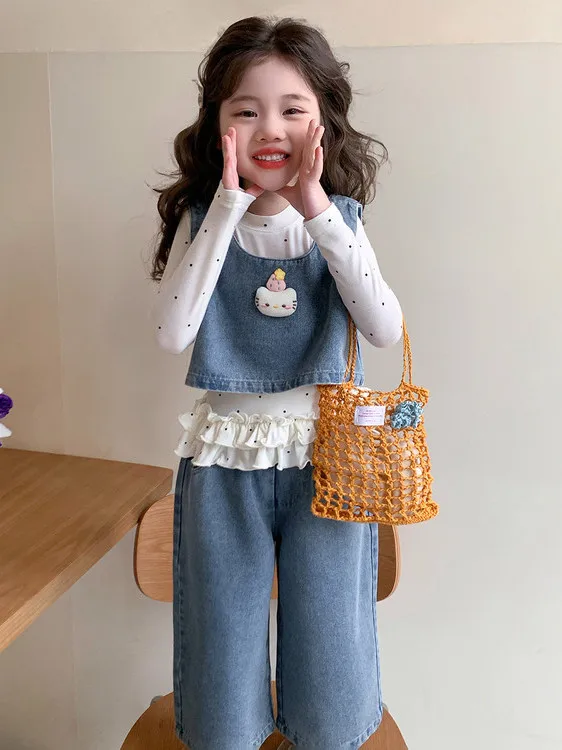

Girls' Spring 2026 Denim Vest Set Faionable Ruffle Underwear Tee-Piece Suit Children's Spring Clothing Casual Sportswear