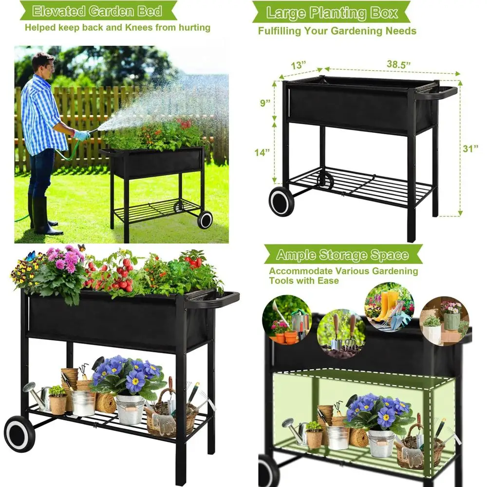 

Elevated Outdoor Planter with Wheels, Black, for Gardening Vegetables, Flowers, and Herbs