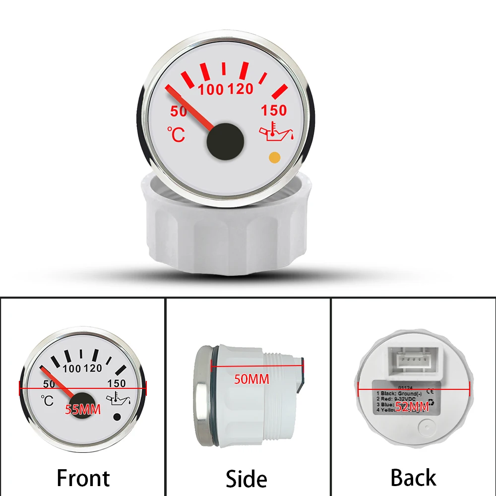 Rhaxel 52mm Oil Temp Gauge 50-150℃ Temperature Meter with Red Backlight with Alarm 12V 24V for Car SUV Vessels Yachts