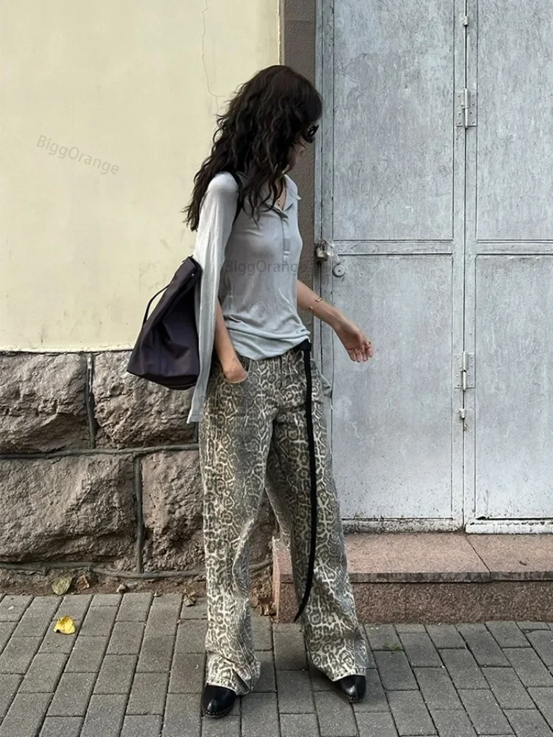 Jeans com lavagem leopardo americano feminino, calça jeans de cintura alta, retrô Y2K, casual e solta, estilo coreano, sexy girl, reto