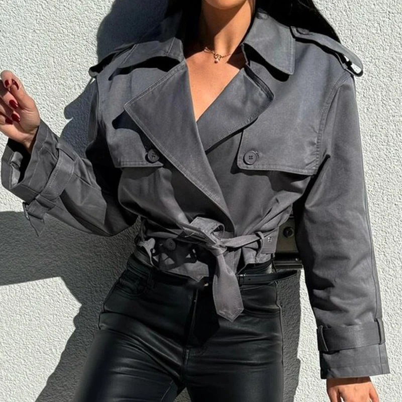 Elegant Lapel Double Breasted Short Jacket Winter Women Fashion Lace-up Waist Solid Outerwear Fall Casual Long Sleeve Slim Coats