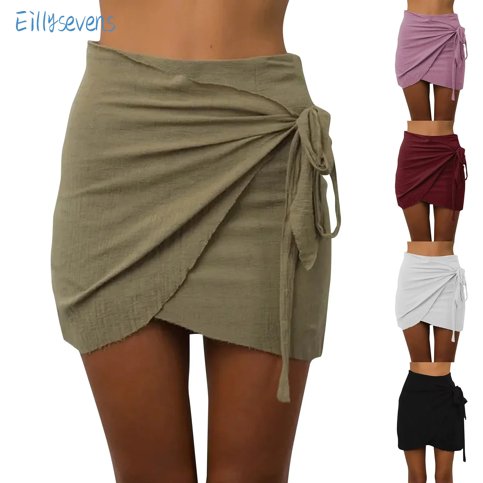 Fashion Lace-Up Wrap Skirts Casual Classic Cotton And Linen Solid Color Skirts Irregular Sexy Mid Waist Hip-Lifting Mini Skirts