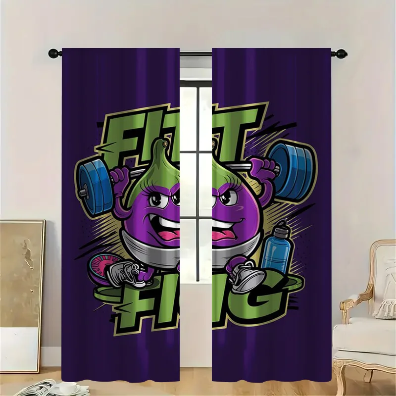 2pcs Funny Fitness Eggplant Curtains with Rod Pocket,  Sheer Light Filtering, Motivational Kitchen or Gym Room Decor