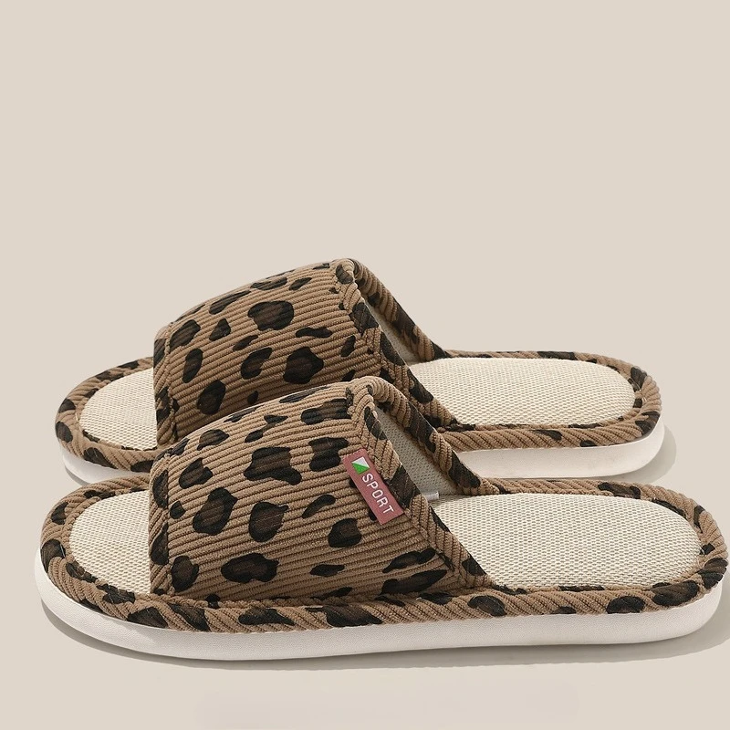 Leopard Print Linen House Slippers Thick Sole Anti Slip Breathable Sweat Wearing Comfortable Indoor Daily Universal Slippers