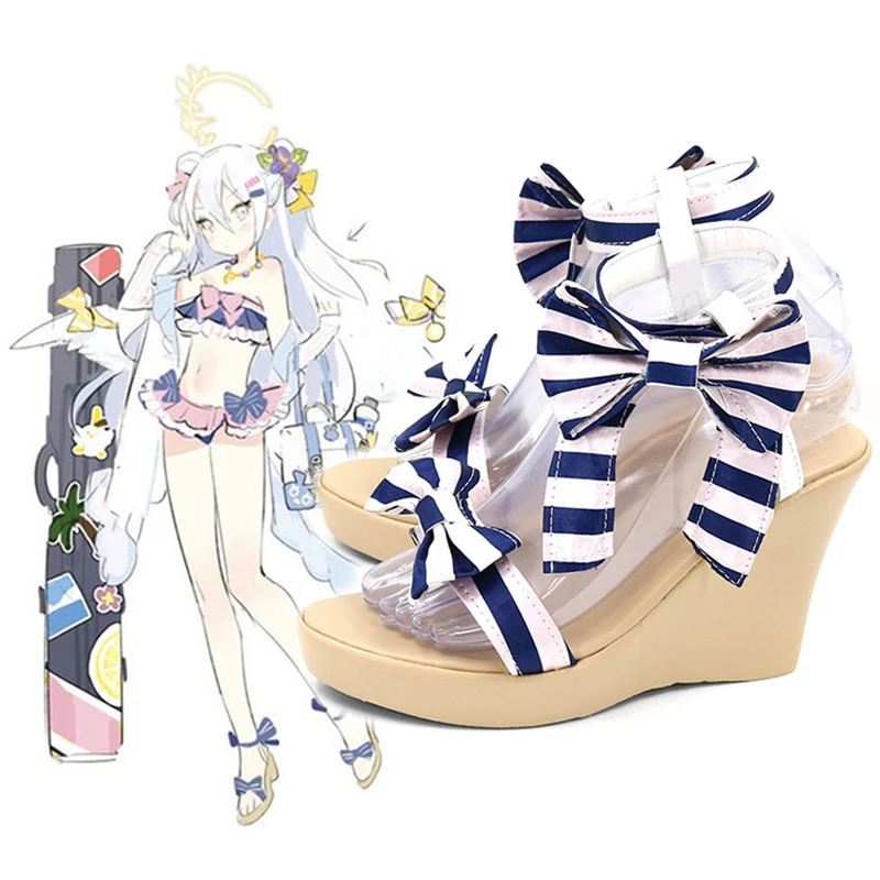 New! Shirasu Azusa Cosplay beach Shoes Blue Archive Blue and white stripe lovely beachwear customize high heels