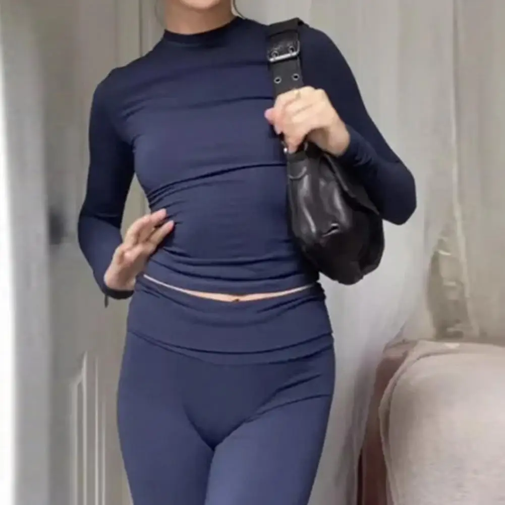 

2 Pcs/Set Elegant Women Outfit Top Pants Suit Sports Slim Elastic Solid Color Long Sleeves T-shirt Casual Trousers Set
