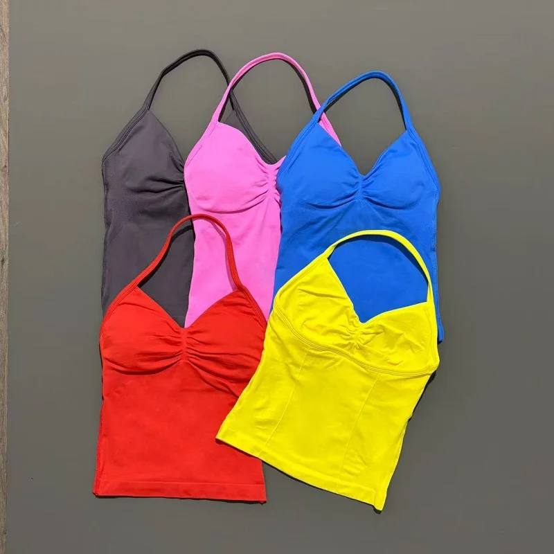 ملابس رياضية للصالة الرياضية للسيدات بدون خياطة لليوجا مع وسادات قابلة للإزالة ورقبة على شكل V رياضية بدون أكمام سترة رياضية للجري واللياقة البدنية #2