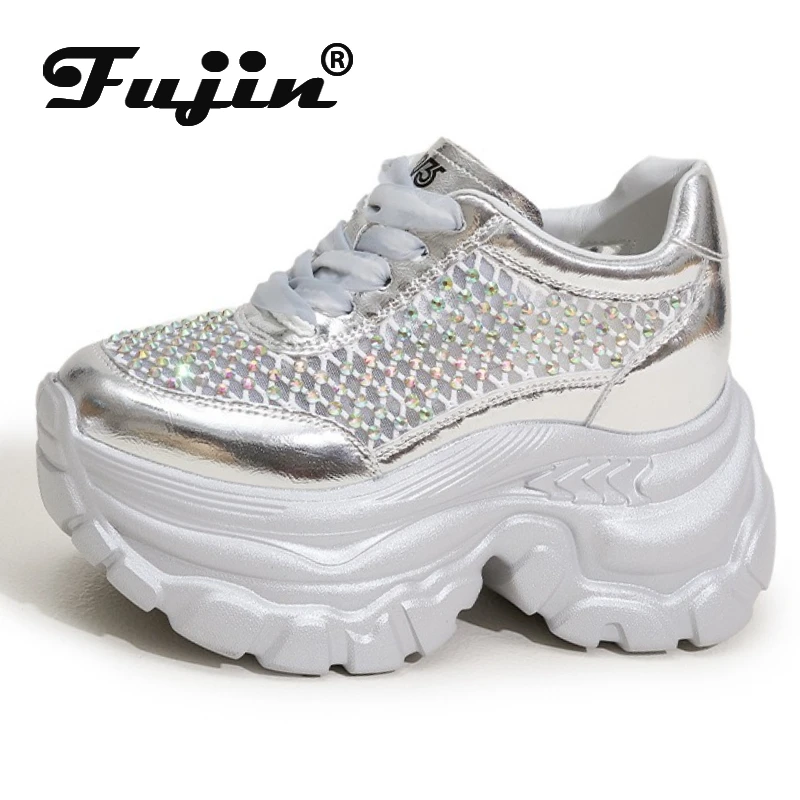 

Koznoy 9cm Air Mesh Microfiber Leather Summer Bling Bling Fashion Ankle Boots Hollow Chunky Sneaker Vulcanize Women Shoes