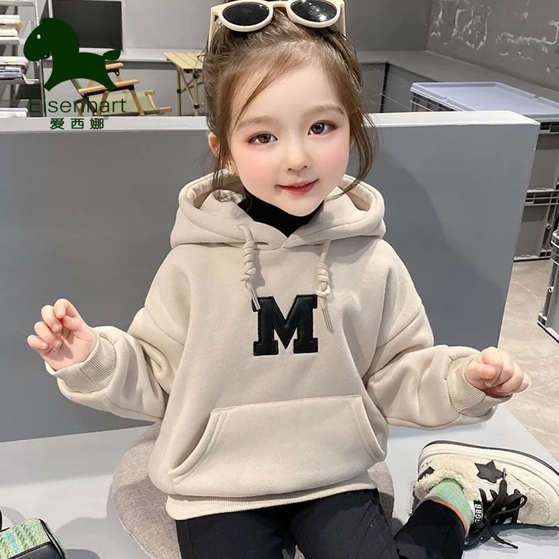 

Теплый свободный модный топ с капюшоном на утолщенной флисовой подкладке в корейском стиле для девочек — весна/осень-зима для детей