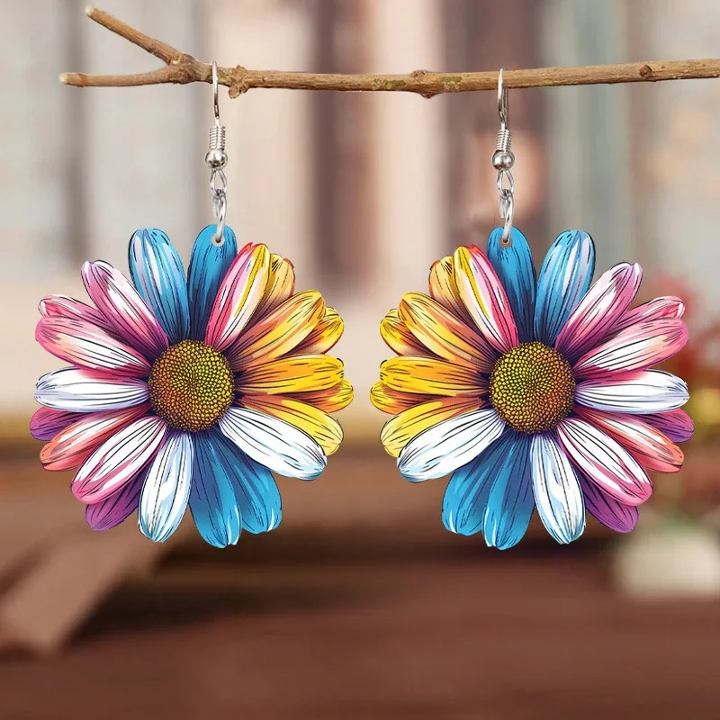 1 pair of retro ethnic style colorful sunflower flower acrylic ladies earrings, suitable for summer daily/seaside vacation wear