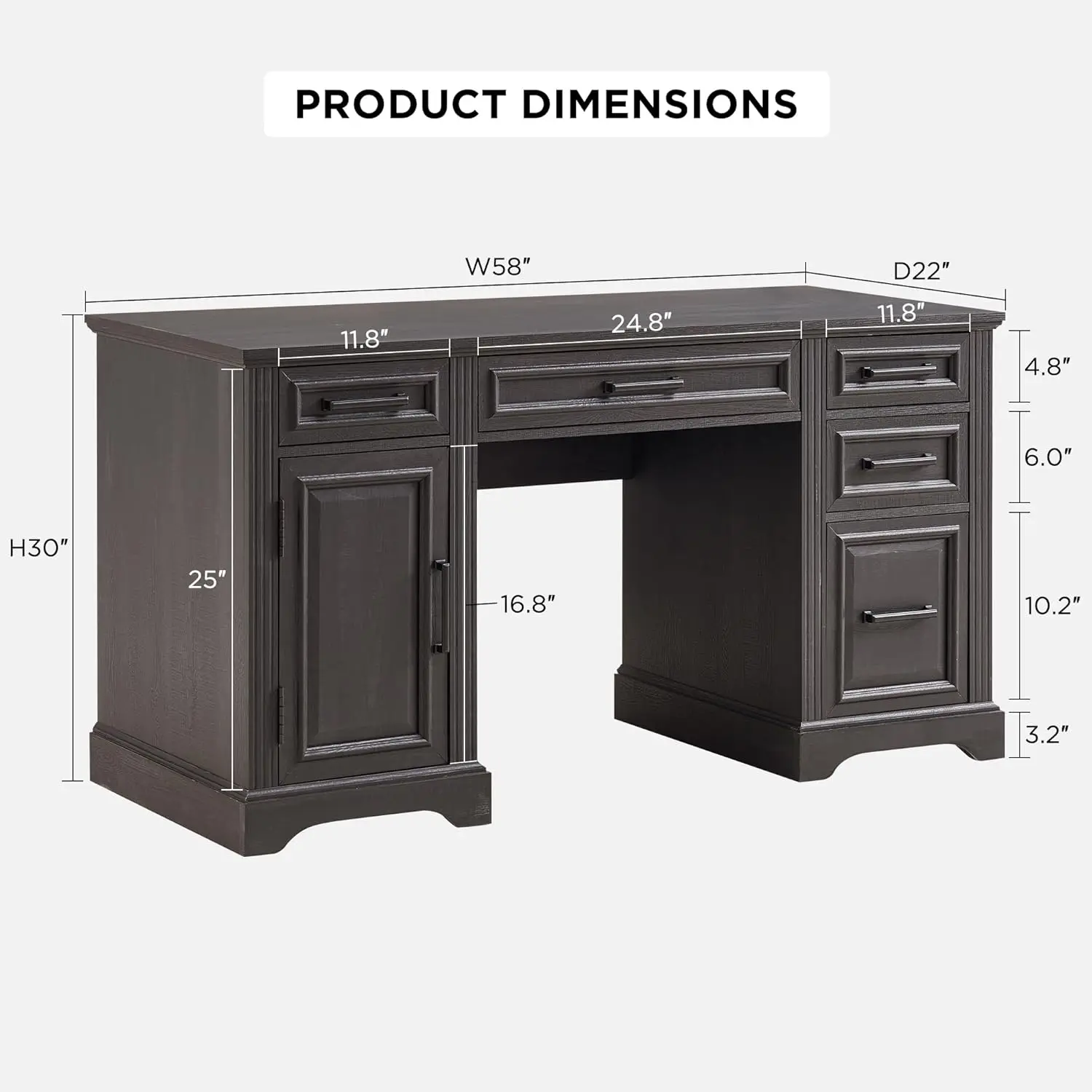 Modern 58 Inch Executive Desk With 5 Drawers, Computer Desk With Storage Cabinet, Home Office Desk, Workspace For Work Study