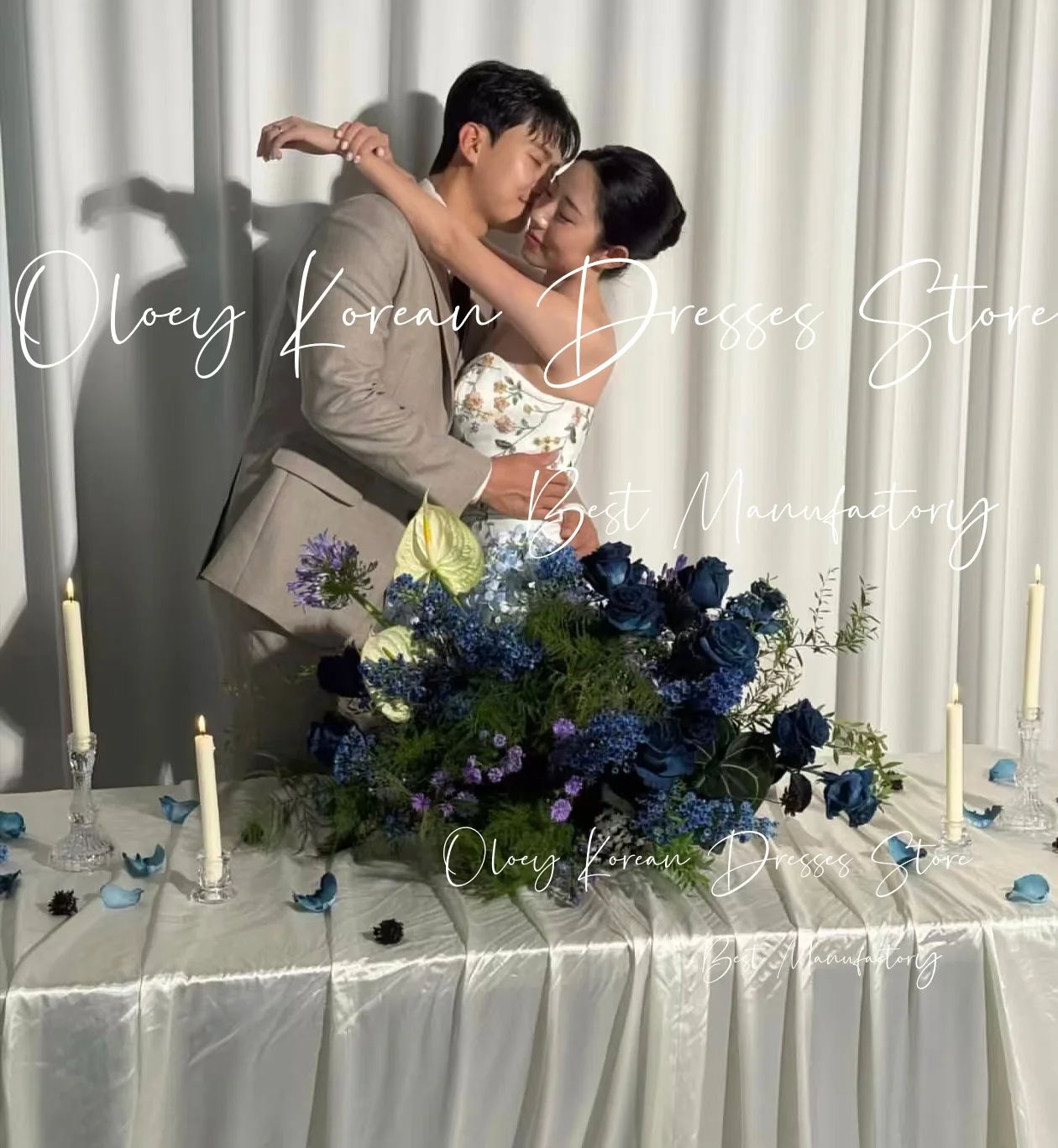 OLOEY أنيقة التطريز الزهور فستان حفلات الزفاف Straples سويب تراين الساتان كوريا صورة تبادل لاطلاق النار فستان زفاف مخصص ستناء