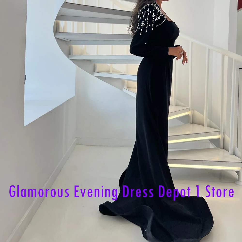 Customized Temperament Crystal Off The Shoulder Jersey Evening Dresses Formal Straight Floor Length Square Neck Long Sleeves