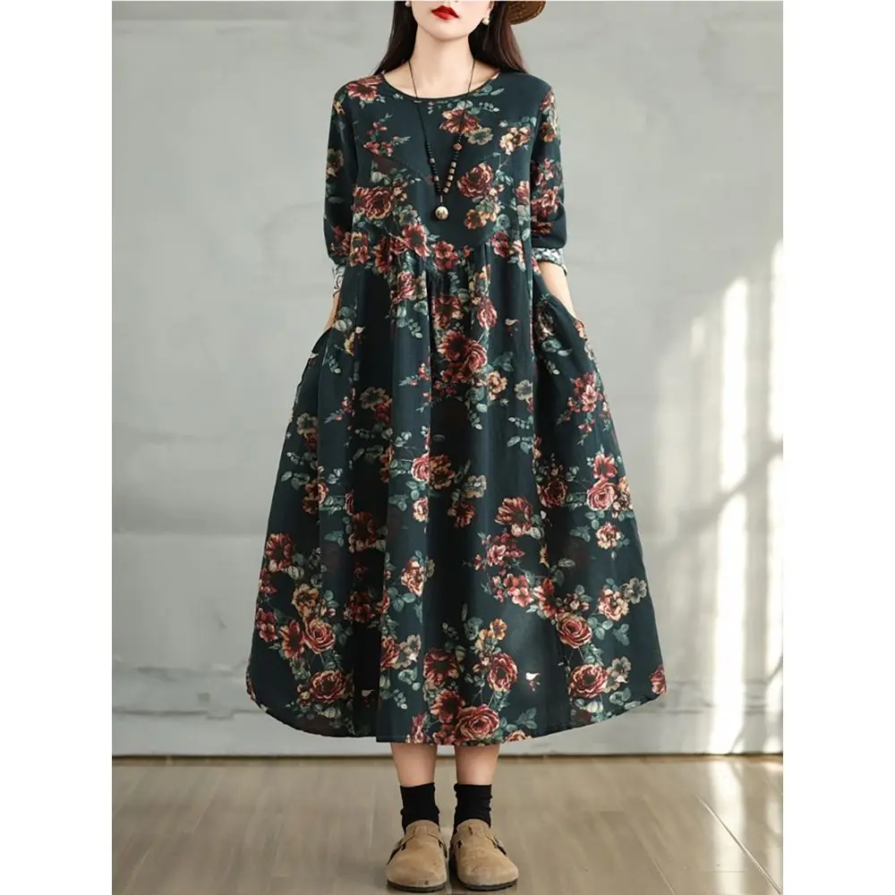 Baumwolle Vintage Print Floral Kleider 2025, Frauen Casual Lose Langarm Kleid Femme Robe Vestidos Elegante Frühling Herbst Kleidung