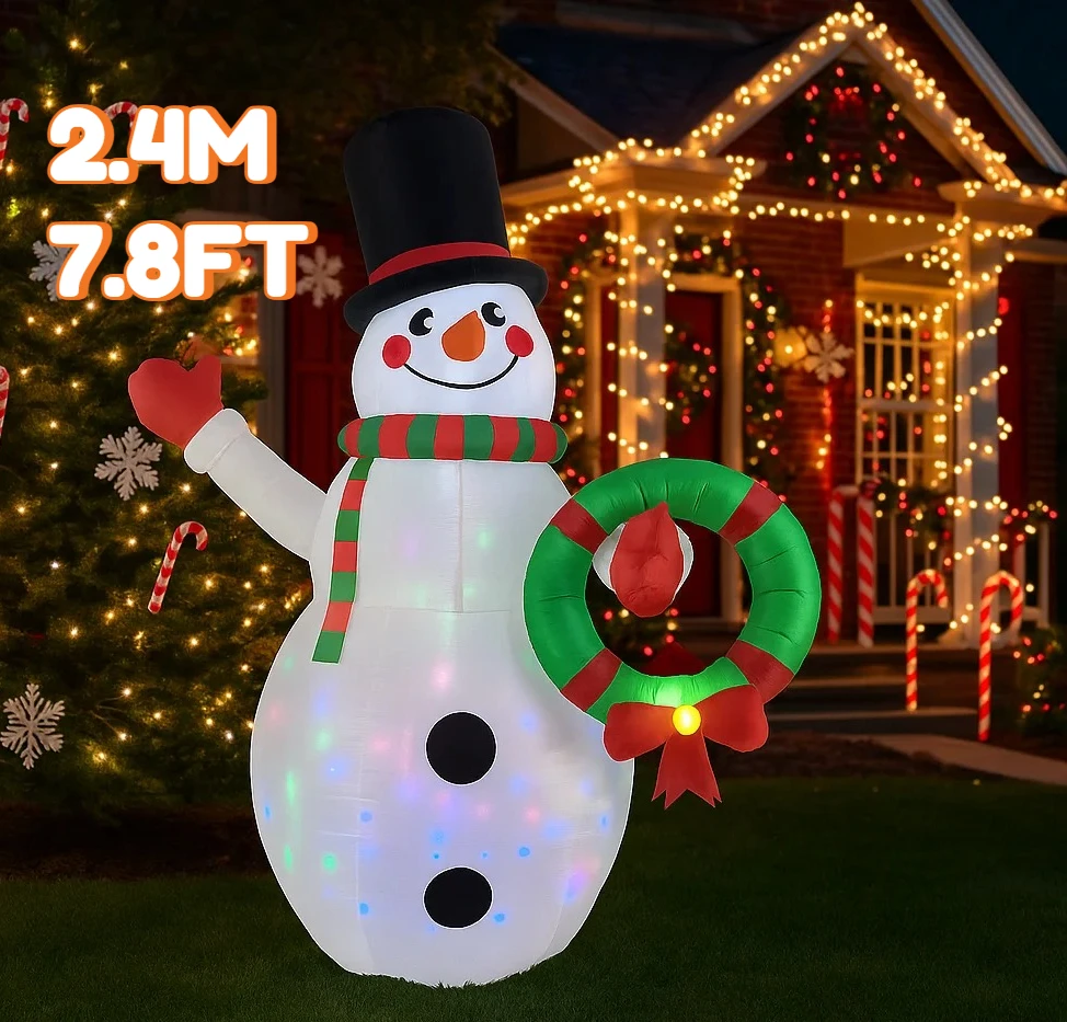 2.4M/7.8FT 크리스마스 장식용 인플레이터블 장난감 눈사람 화환 장식 잔디밭 집 마당 장식 LED 장식 크리스마스 파티 장난감