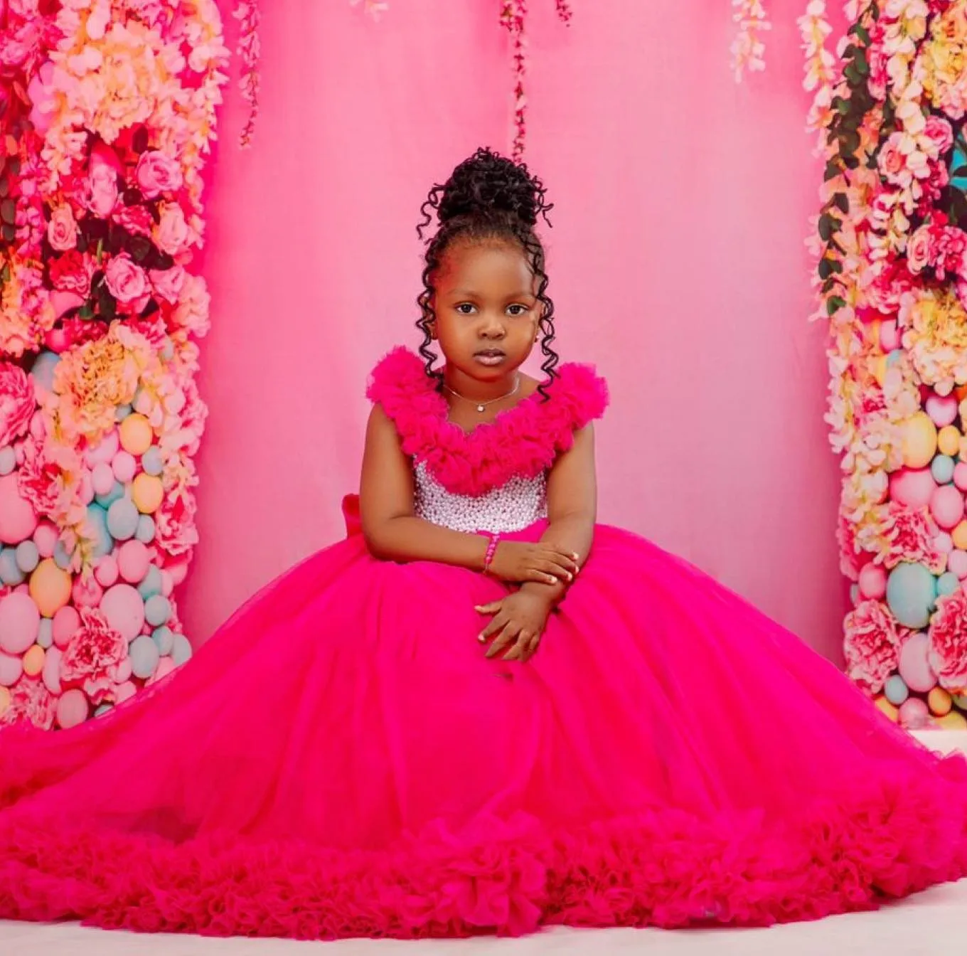 Hot Pink Flower Girl Dress For Wedding O-neck Puffy Pearls Tulle Birthday Party Dress Pageant Toddler Baby Prom Gowns