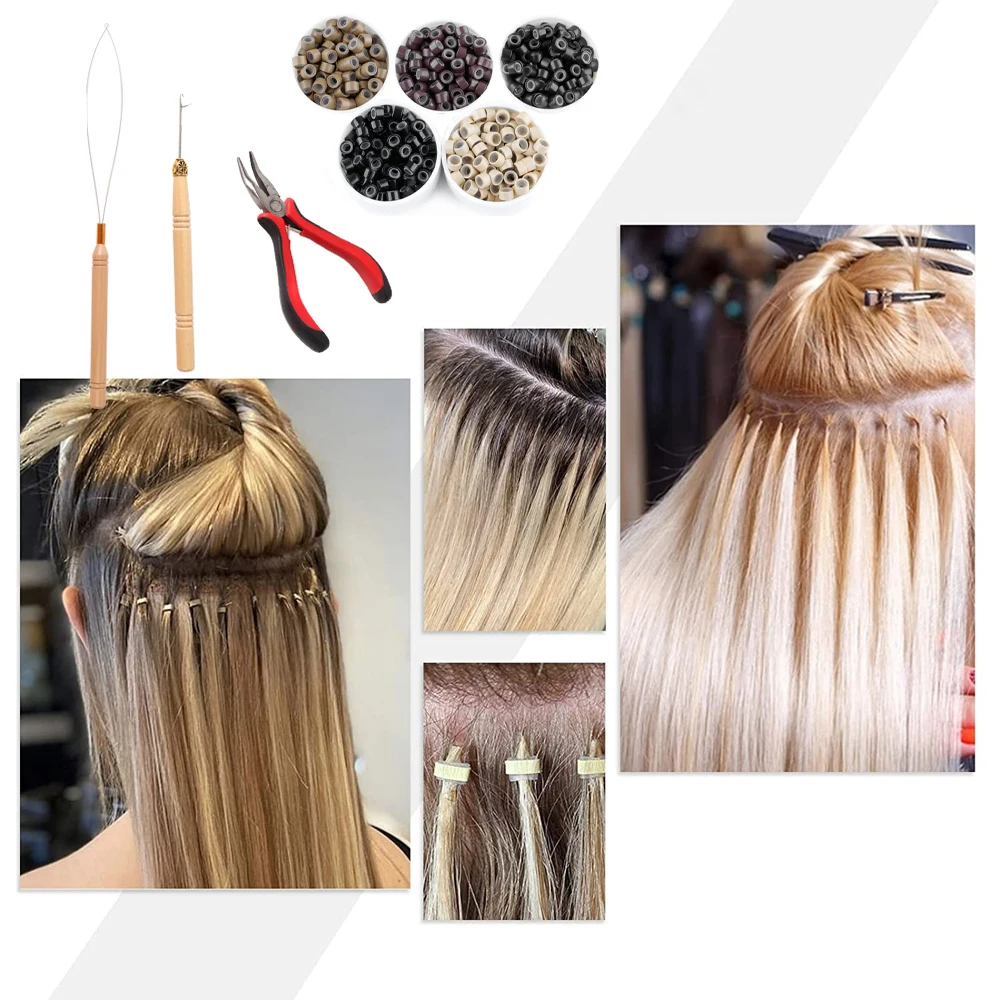 Haarverlängerungs-Werkzeug-Set, 300 Stück, Schwarz, Braun, Verbindungshaar, Mikroring-Perlen, 1 Haarverlängerung, Zange entfernen, 2 Hakennadel, Zugschlaufe