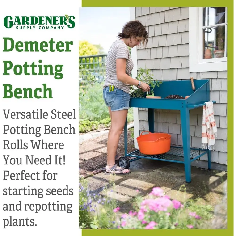 Demeter Metal Potting Bench with Wheels | Heavy Duty Outdoor Garden Work Table Workbench Workstation with Side Metal Sidewalls | - view 5