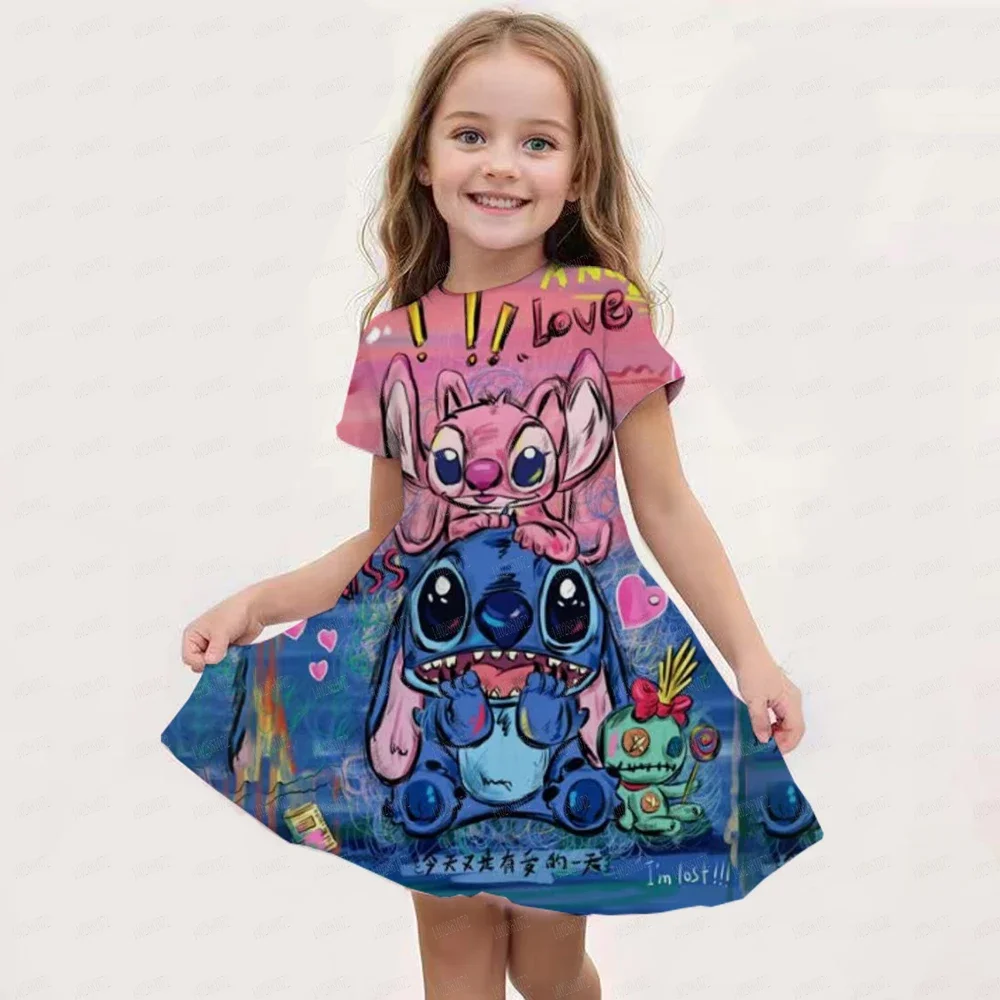 MINISO New Summer Girl Dress Disney Stitch Cute 3D Print Children's Clothing 2024 Cute Fashion Princess Cartoon Comfortable