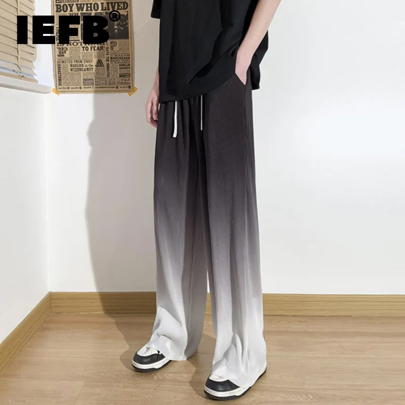 IEFB Niche Design Men's Casual Pants Ice Silk Gradient Color Loose Elastic Waist Drawstring Straight Wide Leg Male Bottom 9C7182