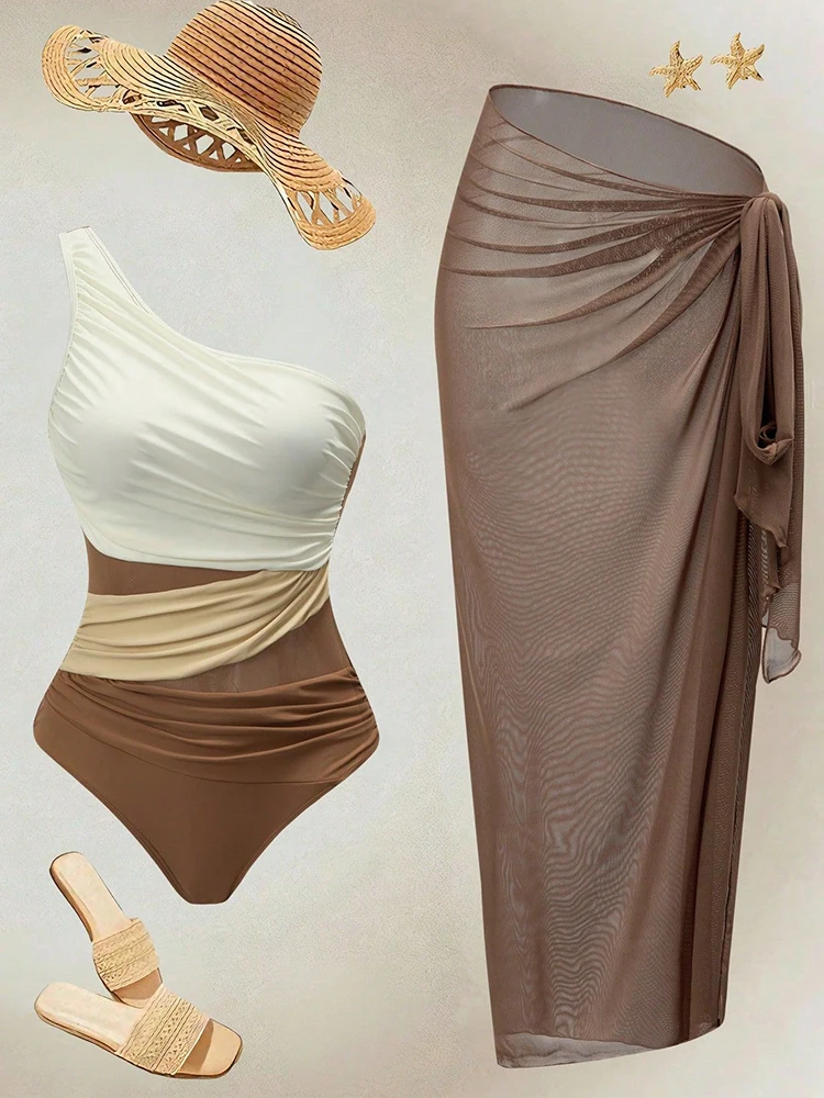 2027 Women One Piece Swimsuit with Sarong Cover Up One Shoulder Ruched Tummy Control Bathing Suit Mesh Swimwear