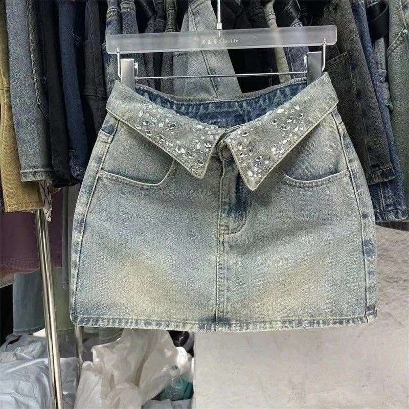 

American Vintage Inspired Lapel Design Light Blue Denim A-Line Skirt Rhinestone Embroidery Versatile Mini Skirt