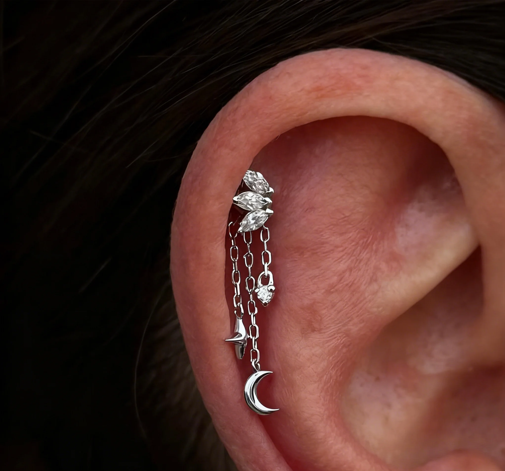 ROXI 925 Sterling Silver Four Claws Zircon Star Moon Tassel Piercing Earrings for Women Classic Earrings Birthday Gifts