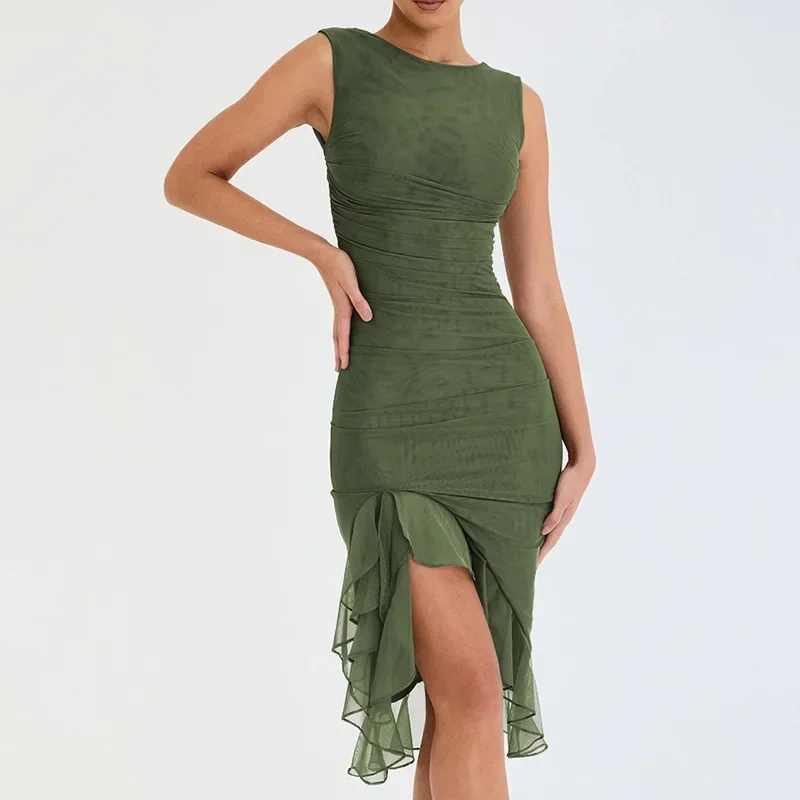 

. Europe, America.. Summer new fashion mesh tight solid color temperament pleated dress summer women