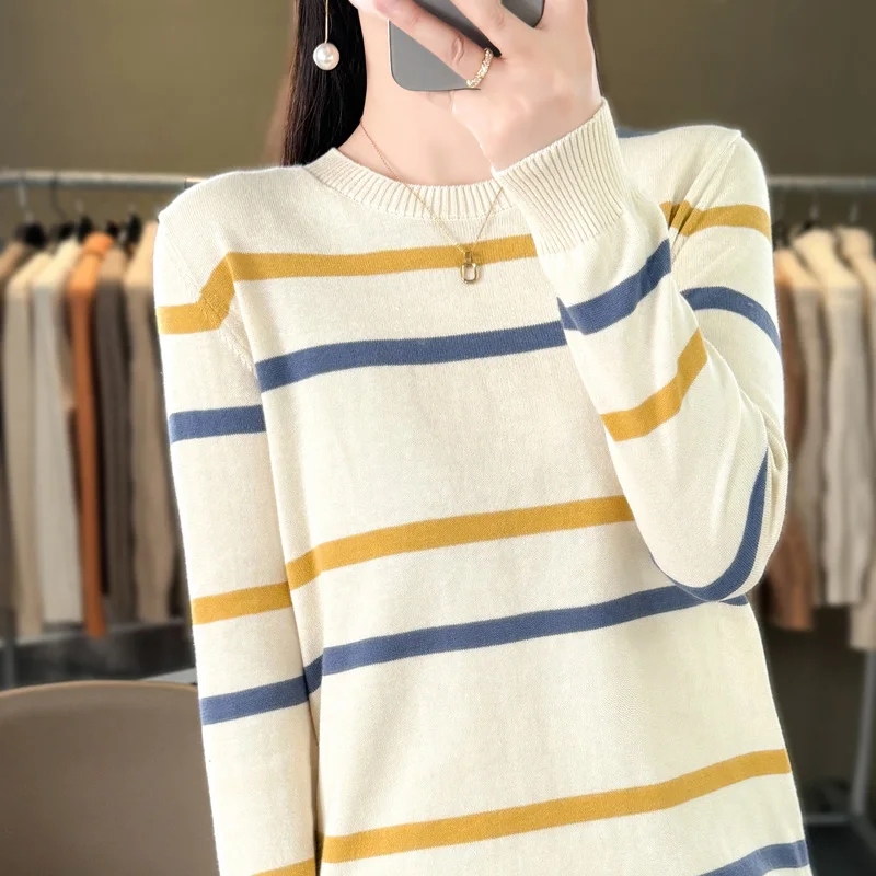

Spring/Autumn 100% cotton women's sweater casual striped knitted pullover long-sleeved loose round neck jumper pull-on tops