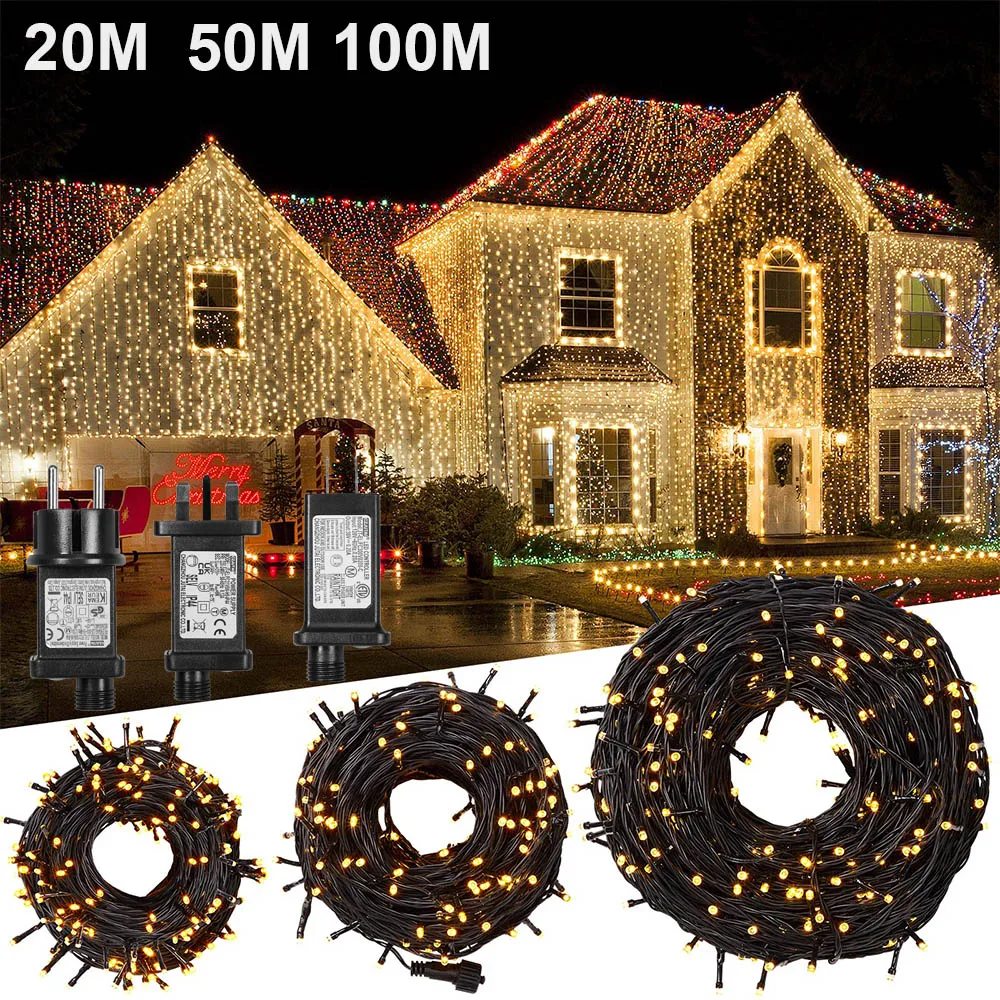 Plug 500LED Black Wire Christmas Fairy String Lights Outdoor Tree Light Timer Memory Waterproof Garland Holiday Lighting Decor