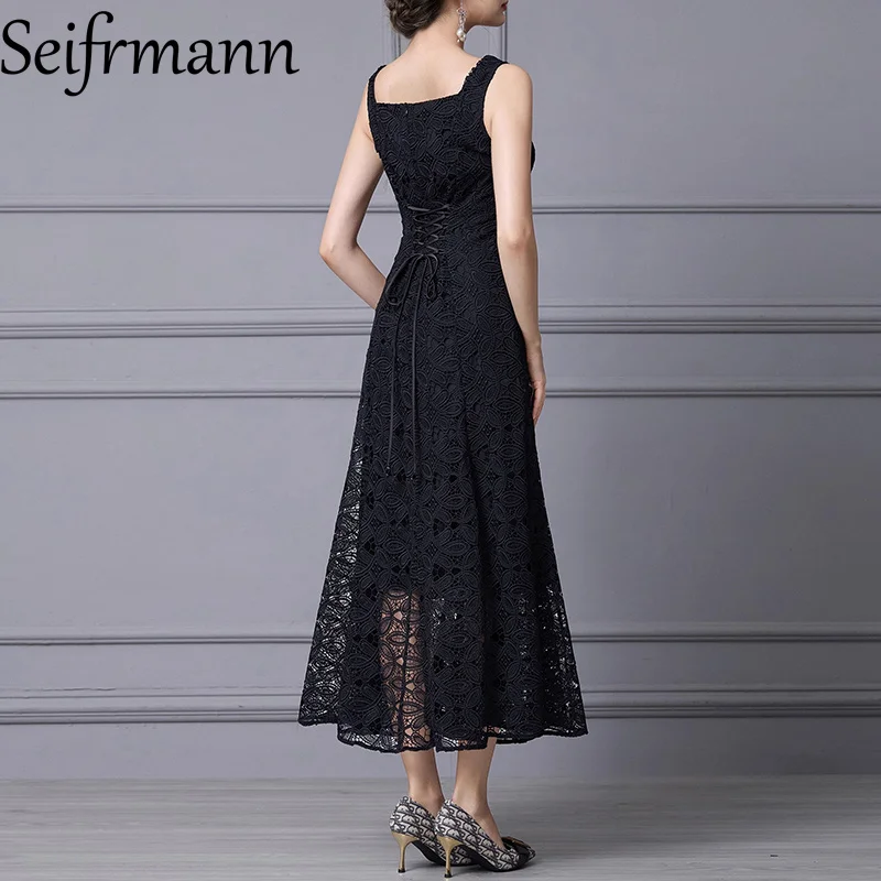 Seifrmann Fashion Women's Suit Long Sleeved Lace-up coat+Spaghetti Strap Backless High Waist Dresses Lace Hollow Out 2-piece set