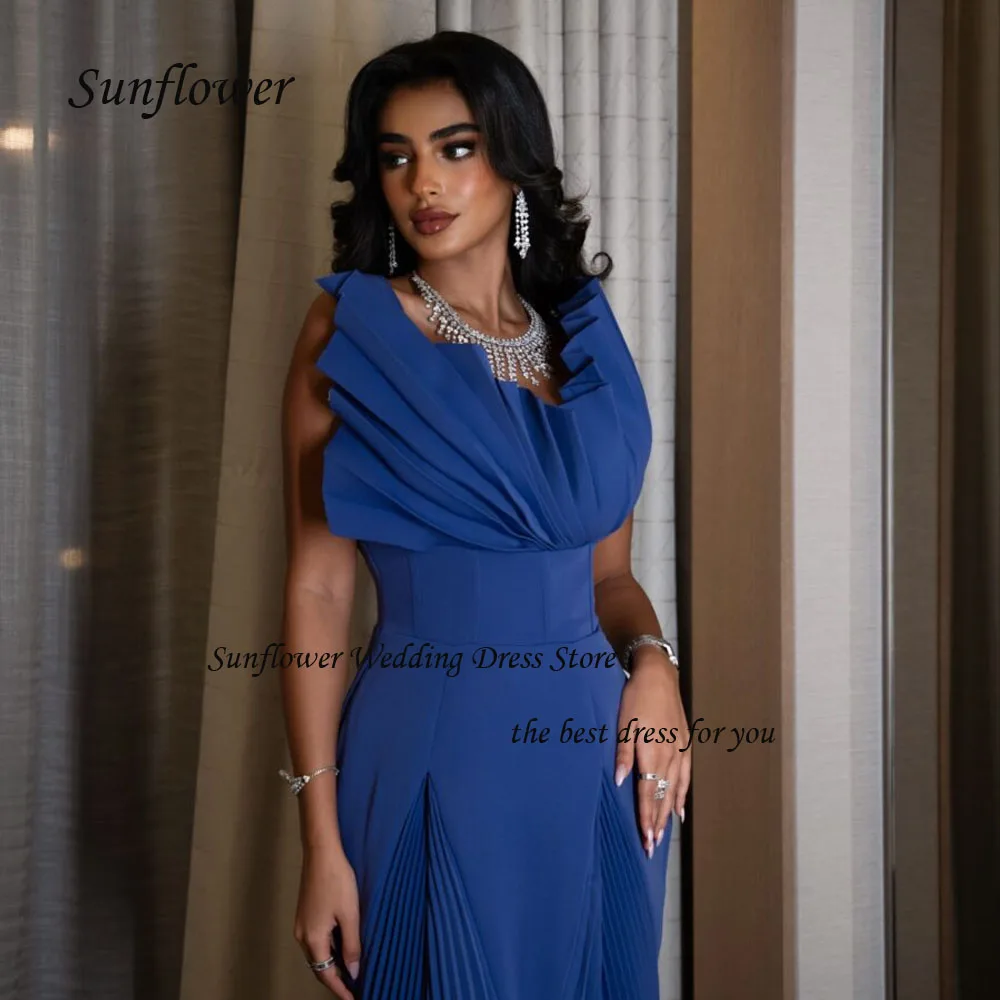 Sunflower Blue V-Neck Evening Dress 2023 Slim Backless Crepe Sleeveless Pleat Mermaid Prom dress Floor-Length Party Dress