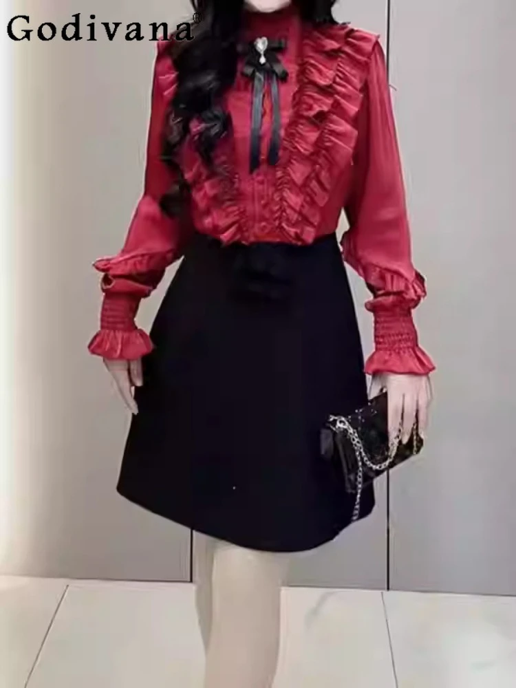 

Spring Autumn Large Size Ruffles Splicing Temperament Stand Collar Shirt Dress Fashion Korean High Waist A-line Sweet Dresses